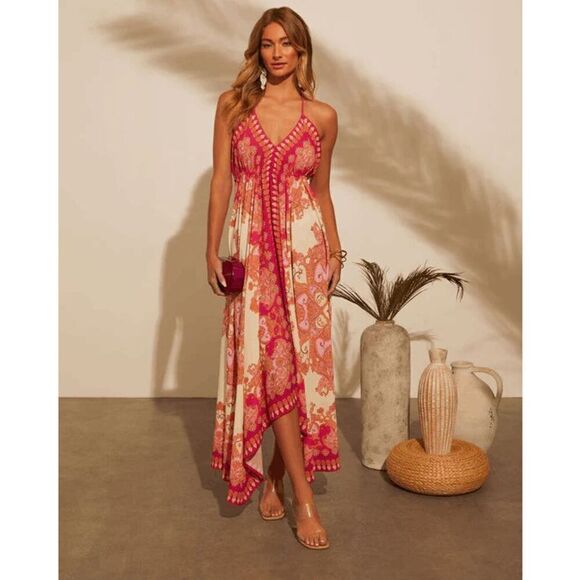 Vici Hot Pink Orange Vineyard Border Print Open Back Hi Low Maxi Dress Medium - Picture 8 of 12